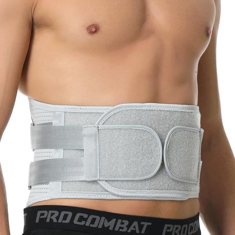 Ceinture lombaire - Matériau respirant - Soutien/Maintien du dos renforcé - Corset double compression - Gym/Posture/Entrainement/Travail (Grise, Taille L) (1/5)
