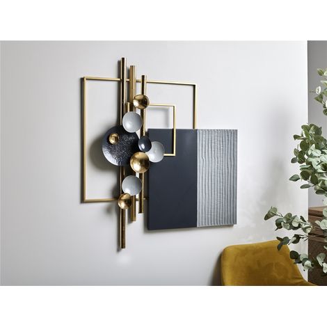 Abstraktes dekoratives Panel, Quadrate mit goldfarbenen/schwarzen/grauen Platten, 84 x 95 cm. 84 x 10 x 95 cm (1/3)