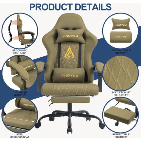 Fauteuil de jeu ANDYOU Series avec repose-pieds – Fauteuil de bureau ergonomique en cuir PU, VERT (1/5)