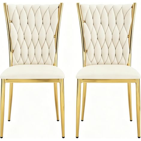 Set de 2 sillas de comedor de terciopelo con respaldo alto, estructura metálica crema y dorada (1/5)