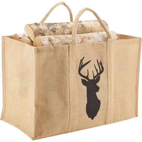 Sac à bûches tete de cerf en toile de jute plastifié 30x60x40cm (1/2)