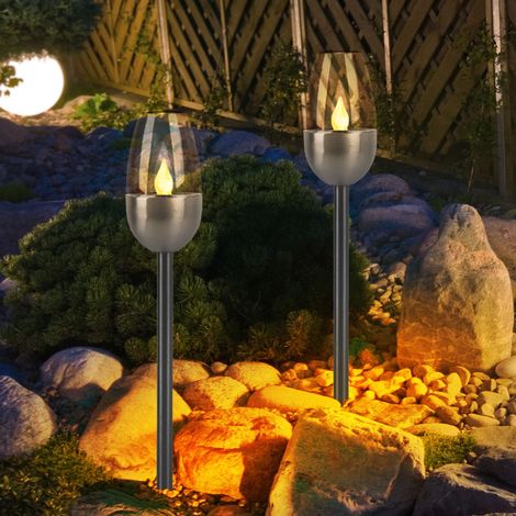 Außenleuchte Solarlampe Steckleuchte, Gartenfackel mit Feuereffekt, Terrassenlampe, integrierter Akku, Metall, schwarz, LED, DxH 6x38cm, 2er Set
