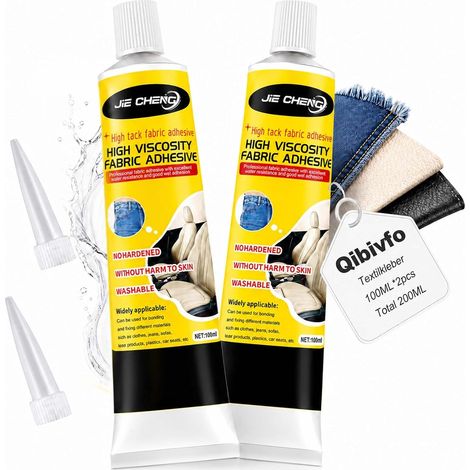 2 × 100 ml de colle textile lavable en machine, colle transparente pour tissu, colle permanente pour tissus, extra forte pour coton, denim, flanelle, polyester, cuir et jeans (1/5)