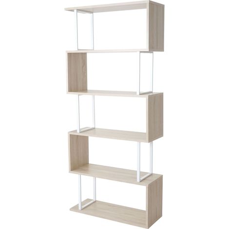 [NON UTILIZZATO] Libreria scaffale 3D MDF HHG-091 5 ripiani 30x80x183cm legno metallo color rovere chiaro