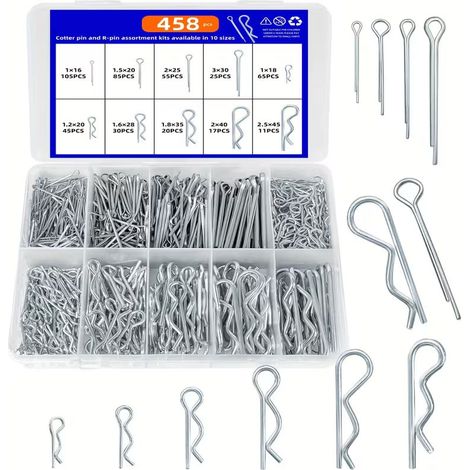 Coffret 458 Goupilles Fendues et Goupilles R Bêta Acier Zingué – Assortiment Ø 1,5 à 3,2 mm Clips à Ressort – Goupille de Sécurité Attelage Remorque Tracteur Tondeuse Mécanique – Boîte Compartimentée (1/5)