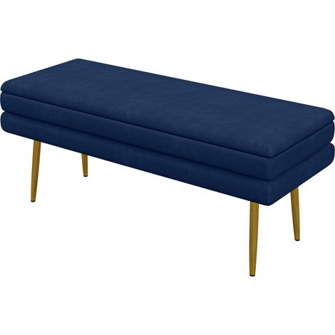 Banc banquette coffre rangement 2 en 1 assise velours pieds acier bleu doré 100 x 37,5 x 42 cm
