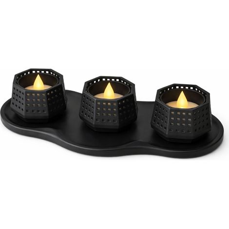 Porte-bougie LED décoratif, noir, ajouré, triple, avec socle