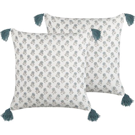 Set of 2 Decorative Cushions CORNUS Cotton 45 x 45 cm Blue Floral Pattern