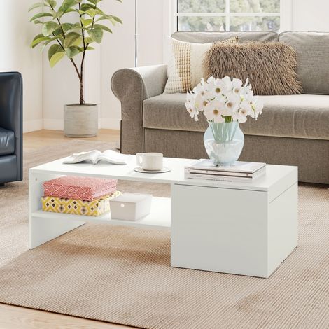 Table basse ajustable blanc avec rails en métal et plateau en aggloméré, patins antidérapants inclus