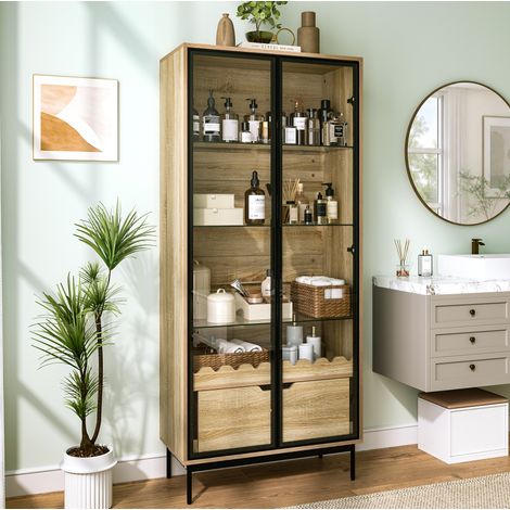 Hoher Vitrinenschrank mit Schublade, verstellbaren Regalen, schwarz/natur OKMYHOME (1/5)