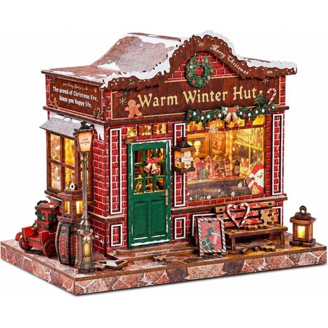 Serre-livres cabane de Noël en bois à monter soi-même, kit de maquette de cabane d'hiver chaleureuse avec décor enneigé (1/5)