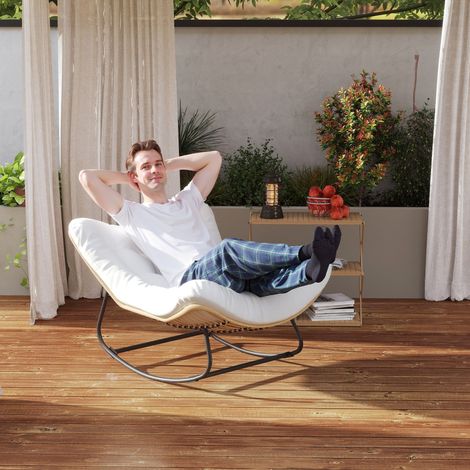 Fauteuil bascule jardin forme œuf avec coussin rembourré crème 98x111x74 cm