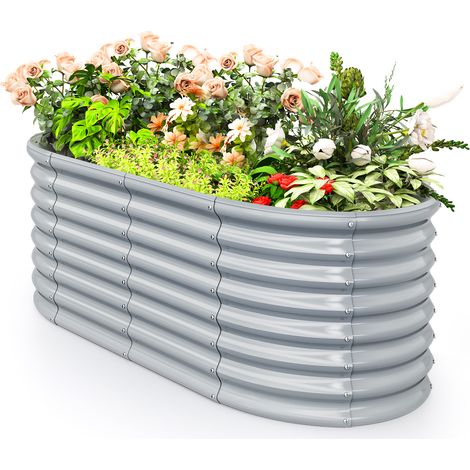 Lit de Jardin Surélevé H60 cm à Fond Ouvert, Jardinière Surélevée Ovale en Métal avec Bords Arrondis Sécurisés, 165 x 80 x 60 cm, Gris (1/5)