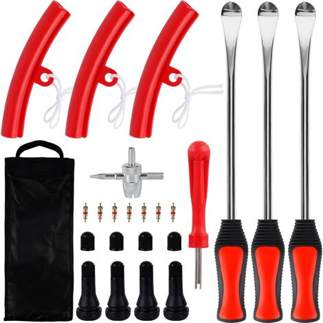 Kit de Démonte Pneu, 3 PCS Demonte Pneu Moto, Outil Levier Démonte Pneu Manuel, Roue Cuillères Changement avec 3 Jantes Protecteurs et Valves, pour Auto Moto Vélo Trottinette (1/5)