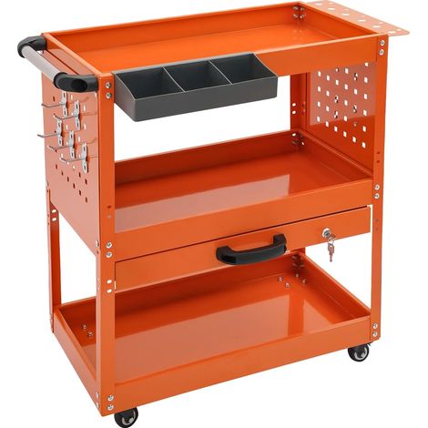 Chariot à outils, design à 3 niveaux, rangement verrouillable, Orange (1/2)