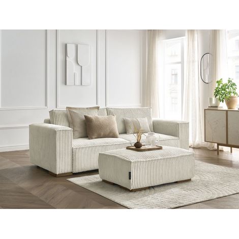 BOBOCHIC - Canapé droit convertible coffre CHELSEA gros côtelé doux avec pouf Beige (1/5)