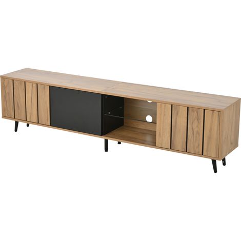 Meuble TV 175x31,5x45 cm en panneaux de bois avec 3 placards et étagère intermédiaire en verre trempé noir et bois pour écran jusqu'à 75 pouces (1/5)