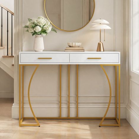 Consolle da ingresso 110 x 32 x 85 cm con 2 cassetti, MDF bianco e metallo HAVRYA (1/5)