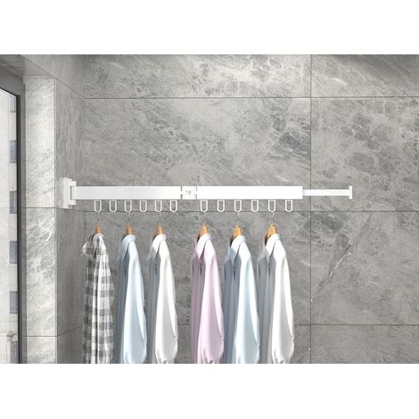 Appendiabiti a parete retrattile con portasciugamani integrato, si piega a metà, portata massima 20 kg, colore bianco, ideale per balcone e camera da letto.