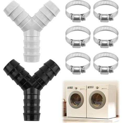 Raccordo a Y a 2 vie per tubi di scarico di lavatrice e lavastoviglie. Connettore in plastica con diametro di 20 mm. Include tre fascette stringitubo universali. (1/4)