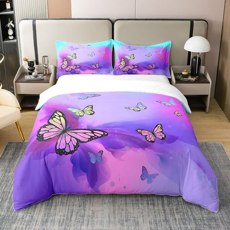 Parure de lit 100 % coton - Motif papillons multicolores - 135 x 200 cm - Motif aquarelle, teinture pastel - Style bohème - Housse de couette avec 1 taie d'oreiller (1/5)