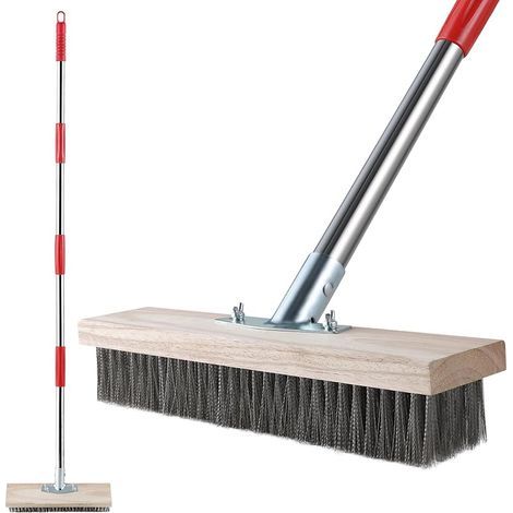 Balai Métallique Robuste avec Manche Télescopique(145cm), Brosse en Métal Rigides pour Enlever Les Mauvaises Herbes, Mousse et Taches Tenaces, Balai à Récurer pour Patio, Terrasse et Jardin