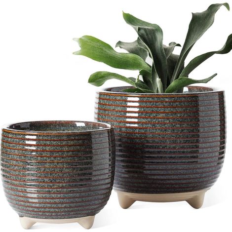 Keramik Blumentopf Set mit Füßen, 2er Pack, 12+16cm, Schwarz, mit Abflussloch (1/5)