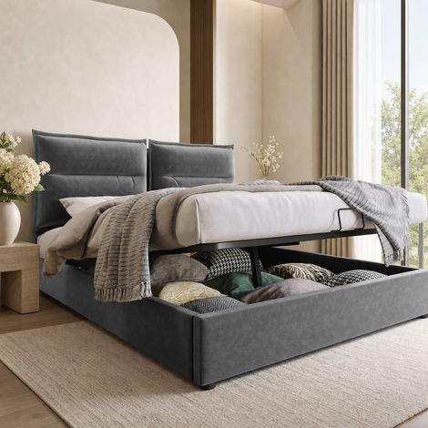 Bett mit Stauraum Samt Grau 140x200 cm, hydraulisches Polsterbett mit verstellbarem Kopfteil, Lattenrost und Matratze (1/5)