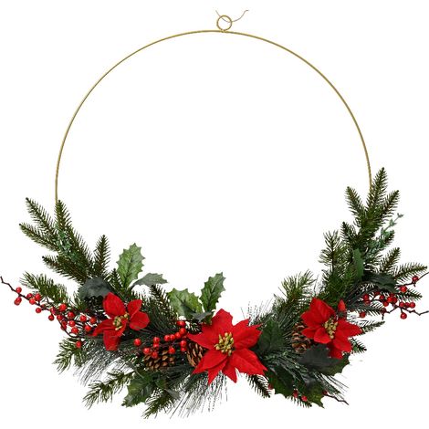 Corona natalizia classica con pigne stelle di Natale e bacche per interni H 10 x 60 cm