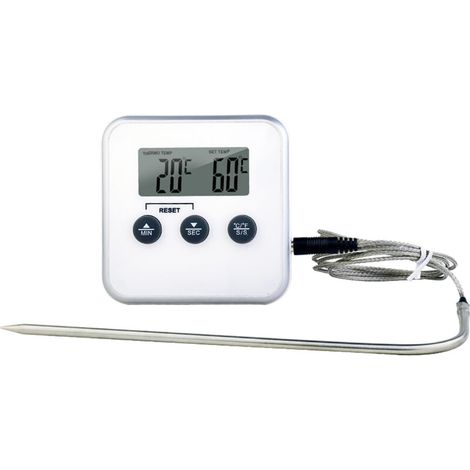 Küchenthermometer mit LCD-Display, Thermometer, Uhr, Timer mit Edelstahlsonde, sofortige digitale Anzeige für Grillfleisch, Milch, Kaffee, Weiß