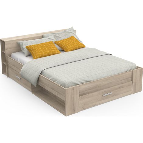 Lit adulte 160x200 cm avec rangement 3 tiroirs couleur chêne - Largeur 169,1 x Profondeur 226,9 x Hauteur 74,3 cm (1/5)