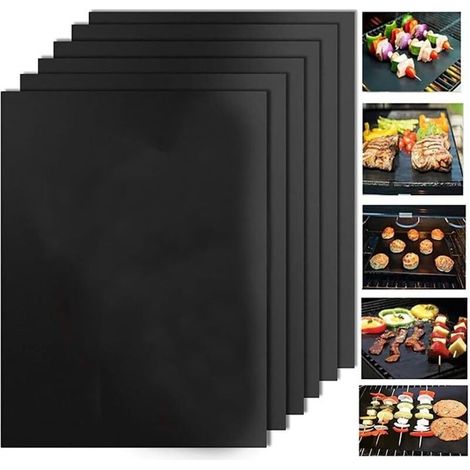 6 Stück/Packung, 50 x 40 cm, wiederverwendbare Antihaft-Grillmatten aus Teflonfaser, tragbar, leicht zu reinigen, ideal für Picknicks, Braten und Grillen im Freien, schwarz (1/5)