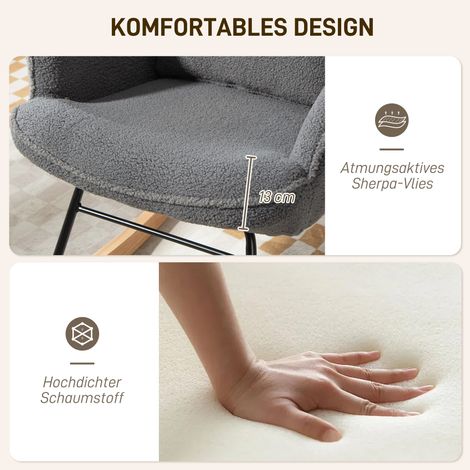 Fauteuil à bascule avec repose-pieds, revêtement en polaire doux, pieds en bois, coussin, dossier haut, gris foncé (1/4)
