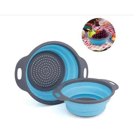 Lot de 2 passoires pliables en silicone pour pâtes - Bleu