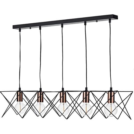 DAR MIDI - Wire Frame Bar Lampe à Suspension Noir et Détail Cuivre Brillant, 5x E27 (1/5)