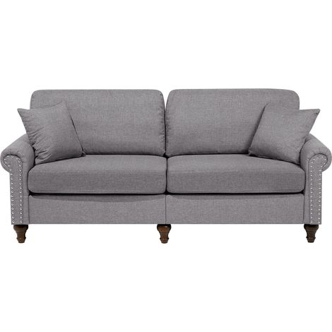 Canapé Fixe 3 Places Tapissé en Tissu Gris Clair avec Clous Décoratifs pour Salon au Style Moderne Beliani (1/5)