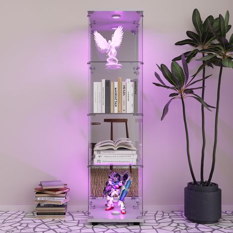 Vitrina in vetro, Vetrina per collezione, Vetrina led, Vetrina in vetro con LED, 36×42×164 cm, fondo specchiato, Bianco