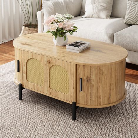 Couchtisch 100x50x40 cm Natur MDF mit Rattantüren und Schiebetüren (1/5)