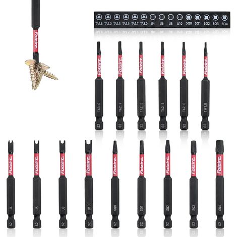 Lot de 15 embouts de tournevis magnétiques spéciaux de 75 mm de long pour visseuse sans fil, en acier S2, triangulaire, carré et U long, tige hexagonale 1/4", phosphide, noir (1/5)