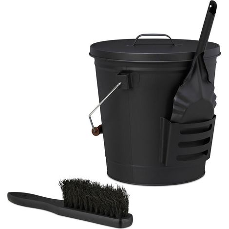 Ascheeimer mit Deckel und Kehrset, 19 L, inkl. Aschebesen & Kaminschaufel, Aschebehälter mit Henkel, schwarz