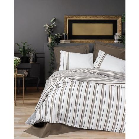 Parure de lit - 1 housse de couette 220 x 240 cm + 2 taies d'oreiller 60 x 60 cm - 100 % coton renforcé - Marron (1/4)