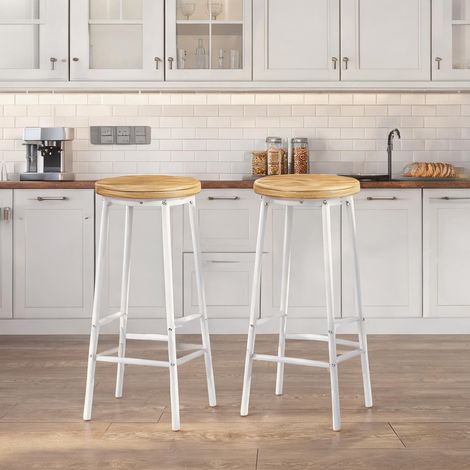 Lot de 2 tabourets de bar métal blanc assise bois 70 cm en métal (1/5)