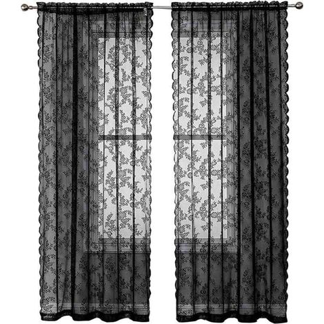 Rideaux en Dentelle Noire 84 Pouces (213cm) Longs - Motif Floral Rustique Vintage - Voile Noir pour Salon - Intimité Style Goth - 2 Panneaux 40x56 Pouces (1/5)