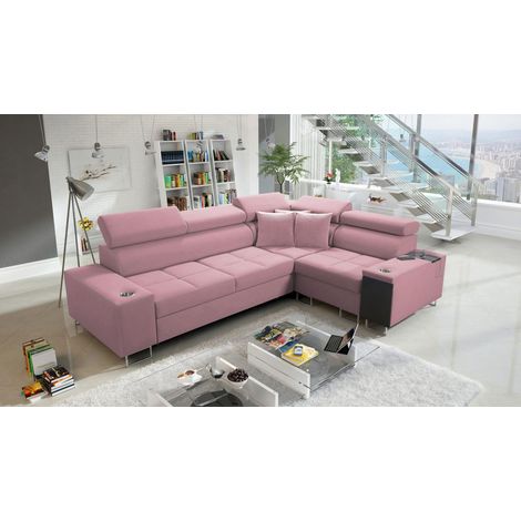 Elegantes Ecksofa mit Konsole und Ladegerät MORENA II Uttario Velvet Rosa Rechts (1/5)