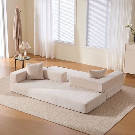 Divano modulare 198x79x60 cm beige con tasche laterali, tessuto chenille e schiuma, MEUBLIV (1/5)