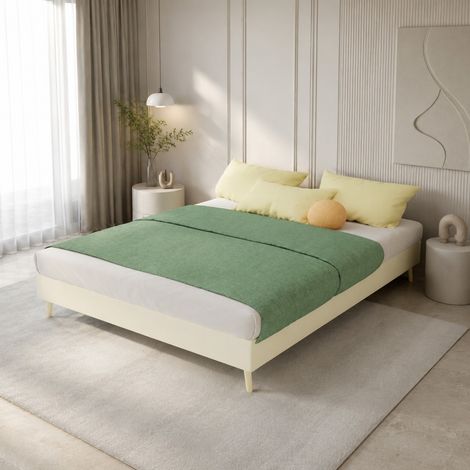 Cama matrimoniales 140x200cm cabecero geométrico con tachuelas terciopelo holandés y estructura metálica color beige (Sin colchón) (1/5)