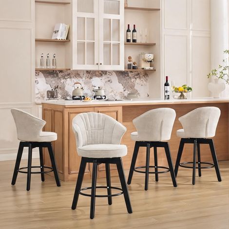 Tabouret de bar pivotant en lin beige avec dossier en chenille (1/5)