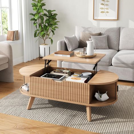 Mesa de centro ovalada con tablero elevable - 110 x 50 x 53.5 cm - almacenamiento oculto y 2 puertas correderas para salón - estilo escandinavo efecto madera acanalada - natural (1/5)
