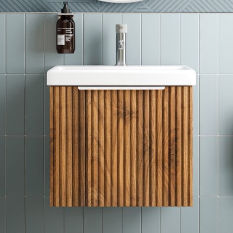 Fluted 500mm Bathroom Vanity Unit Basin Wall Hung Cupboard Soft Close Walnut (1/5)