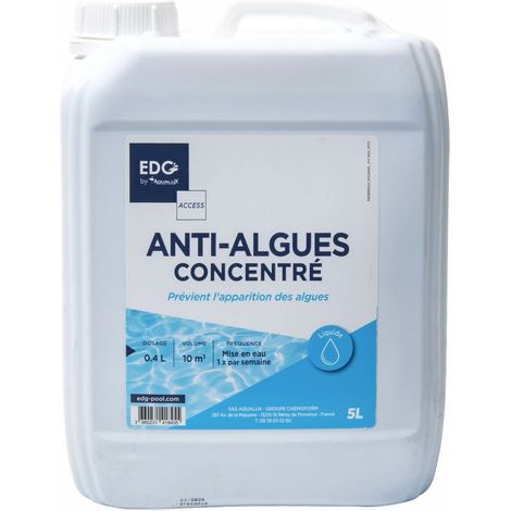 EDG – Anti-algues concentré pour piscine 5L – Préventif eau claire sans oxydants – Élimine algues et vases – Compatible systèmes de filtration